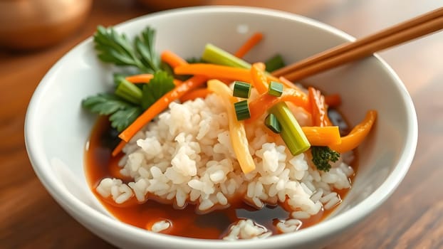 A rice bowl filled with fluffy white rice is topped with vibrant strips of bell peppers, green onions, and fresh herbs, accompanied by a flavorful sauce, creating an appetizing meal.