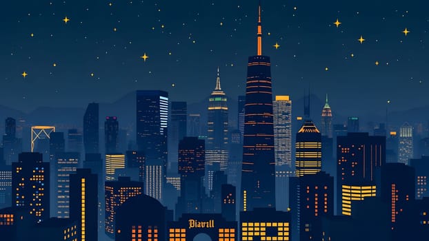 The city skyline comes alive at night with twinkling stars and illuminated buildings. Skyscrapers reflect a bustling atmosphere, creating a mesmerizing urban landscape.