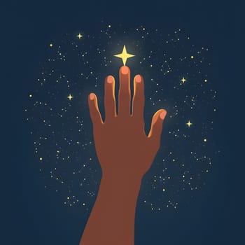 A hand is extended toward a shining star, surrounded by a dark cosmic backdrop filled with twinkling constellations, symbolizing aspiration and exploration of the universe.