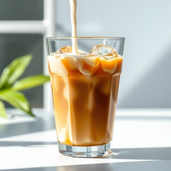 A tall glass filled with ice cubes receives a stream of creamy coffee, capturing the essence of a refreshing beverage on a bright morning with natural light streaming in.