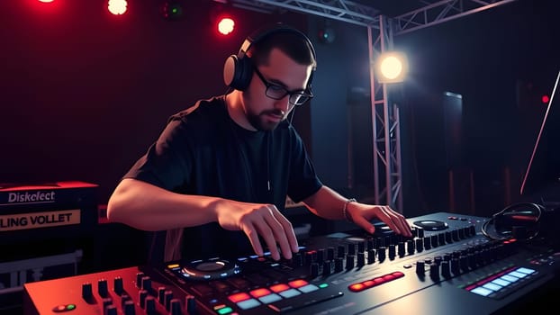 A young DJ is skillfully mixing tracks on a digital controller during a lively performance. Colorful lights illuminate the venue, creating an energetic atmosphere for the audience.