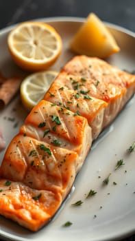 A perfectly baked salmon fillet is served on a plate, garnished with fresh herbs and accompanied by bright lemon slices. The dish offers a flavorful, healthy dining option.