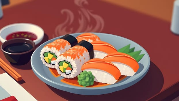 A beautifully arranged sushi platter showcases colorful rolls and fresh sashimi set on a wooden table, with soy sauce and wasabi on the side, steaming gently.