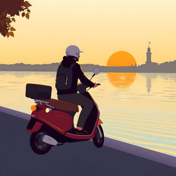 A rider on a scooter enjoys a tranquil evening by the lakeside, with a vibrant sunset reflecting on the water. The silhouette of a distant building adds to the peaceful atmosphere.