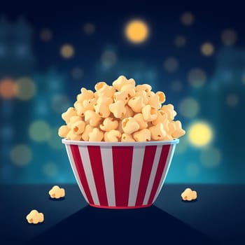 A large, striped bucket filled to the brim with fresh popcorn sits on a table. The colorful, blurred background creates a lively atmosphere perfect for a movie night.