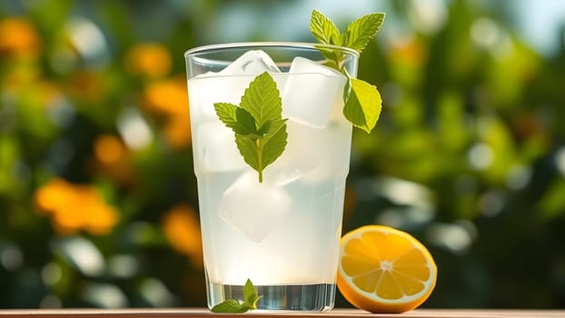 A tall glass of mint lemonade filled with ice sits outdoors under the sun. A lemon half rests nearby, highlighting the vibrant greenery surrounding the drink.