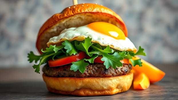 A mouthwatering burger features a juicy beef patty topped with a fried egg, crispy lettuce, and ripe tomato slices, all nestled in a soft golden bun. Perfect for a hearty meal any time.