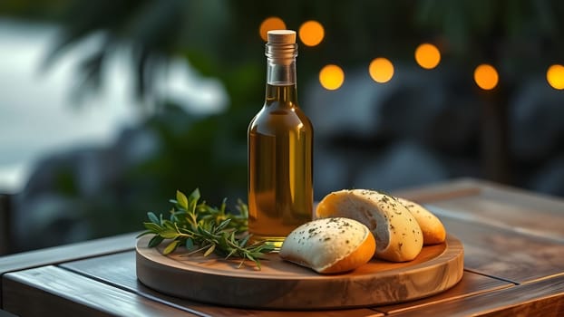 Freshly baked rolls are placed on a wooden table, accompanied by a bottle of olive oil and garnished with herbs. The setting features a warm ambiance with soft lighting at dusk.