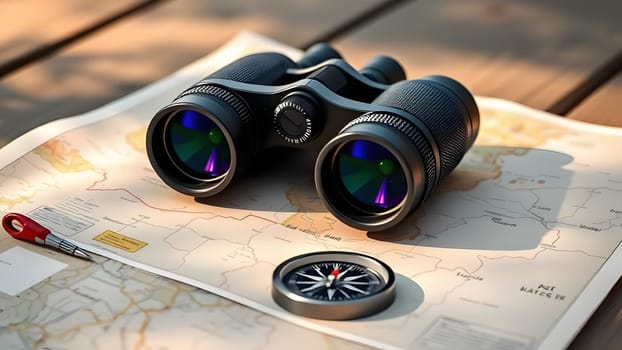 A pair of binoculars rests on a detailed map alongside a compass. This setup suggests planning an outdoor adventure, perfect for hiking or nature exploration.