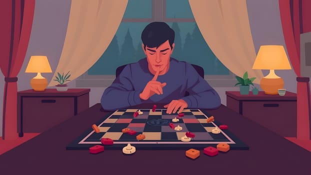 In a cozy room illuminated by warm lamps, a focused young man silently contemplates his next move during an intense chess game while surrounded by snack treats on the table.