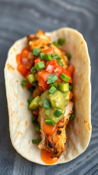 A soft tortilla holds grilled chicken, topped with fresh salsa, guacamole, and chopped green onions. This delicious taco is perfect for a casual meal or festive gathering.
