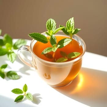 A clear cup filled with herbal tea displays vibrant mint leaves resting on the surface. The warm sunlight enhances the rich amber color of the tea, creating a peaceful and inviting atmosphere.