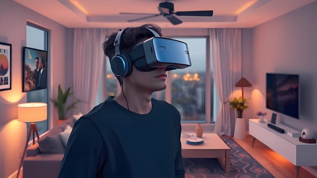 The young man is fully immersed in a virtual reality experience while wearing a VR headset and headphones. The stylish living room features contemporary decor and large windows.