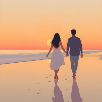 A couple strolls barefoot along a tranquil beach, holding hands while basking in the warm hues of a sunset. The gentle waves lap at their feet as the sun descends on the horizon.