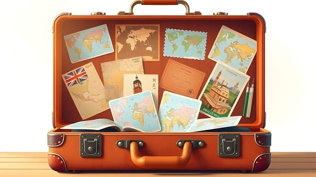 A vintage suitcase opens to reveal an assortment of maps and postcards, showcasing countries around the world. The contents express a love for travel and exploration.