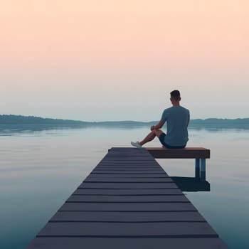 A solitary individual relaxes on a wooden dock extending over a calm lake, surrounded by serene water and a pastel sunset sky, creating a peaceful atmosphere.