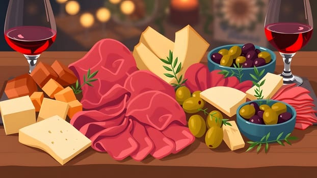 A beautifully arranged charcuterie board features various cured meats, cheeses, olives, and fruits, paired with glasses of red wine, creating an inviting atmosphere for a celebration.