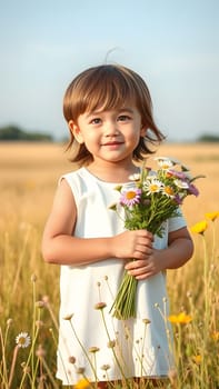 A joyful child stands in a golden field, holding a vibrant bouquet of wildflowers. The warm sunlight casts a gentle glow, enhancing the cheerful atmosphere of the moment.