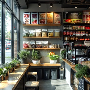 A small cafe with a window display of various food items and plants. Scene is cozy and inviting
