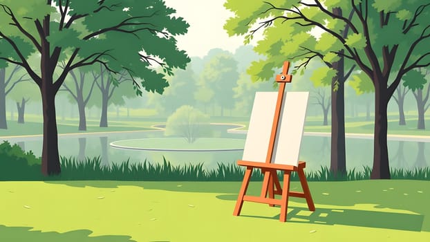An easel stands on the grass in a peaceful park, surrounded by vibrant trees and a calm lake. The bright daylight highlights the inviting atmosphere of nature and creativity.