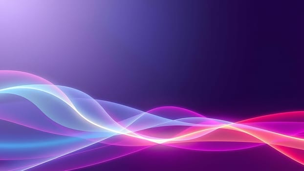 Bright and colorful light waves flow across a smooth gradient backdrop, showcasing dynamic curves and a blend of hues from blue to pink, creating a vibrant visual atmosphere.