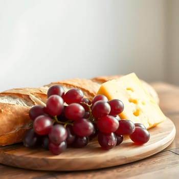 A wooden board displays freshly baked bread alongside a slice of cheese and a bunch of red grapes, creating an appealing and simple snack arrangement.