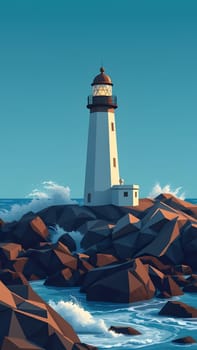 A lighthouse rises majestically above rugged rocks, surrounded by crashing waves under a clear sky. The setting sun casts a warm glow over the scene, highlighting the coastal beauty.