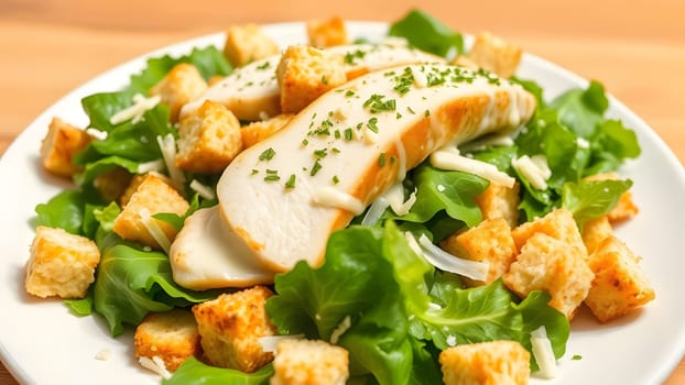 A vibrant salad featuring slices of grilled chicken atop a bed of fresh greens and crispy croutons, garnished with herbs, perfect for a healthy meal or light lunch.