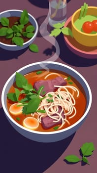 A delicious bowl of steaming noodles topped with tender beef, boiled eggs, and fresh herbs sits on a table, inviting viewers to enjoy its rich flavors and vibrant colors.