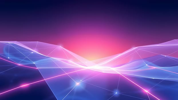 An abstract landscape displays flowing lines and glowing connections against a backdrop of soft, vibrant colors, suggesting a sunrise over a digital terrain of light and energy.