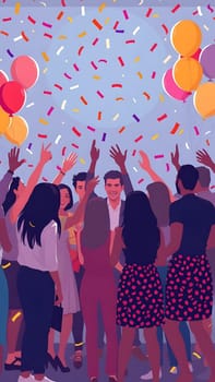 A group of friends enjoys a vibrant celebration, raising their hands in excitement as colorful confetti falls from above. Balloons adorn the scene, enhancing the festive atmosphere.