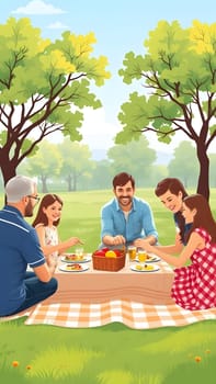 A cheerful family gathers for a picnic in a green park, sharing food and laughter. The setting features trees and a bright blue sky, creating a joyful atmosphere for bonding.