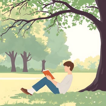 A young man sits on the grass, engrossed in a book, leaning against a large tree. The sun shines softly, casting gentle shadows across a peaceful park filled with greenery.