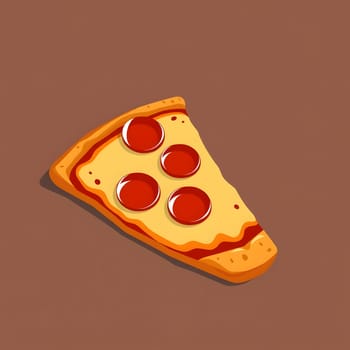 A delicious slice of pepperoni pizza sits on a simple brown background. The cheesy crust showcases four pepperoni slices, enticing food lovers everywhere.