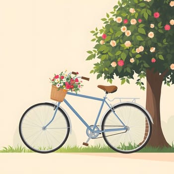 A charming vintage bicycle, adorned with a basket full of colorful flowers, stands by a lush, flowering tree in a serene outdoor setting. The scene captures a peaceful moment in nature.