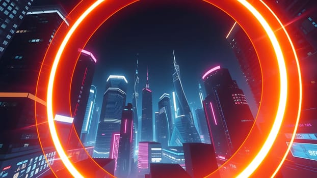 A vibrant city skyline illuminated by neon lights showcases towering skyscrapers at night, viewed through a glowing circular frame that enhances the futuristic atmosphere.