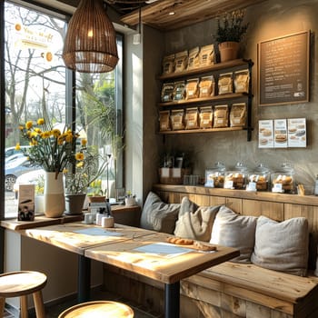 A cozy cafe with a wooden counter and a window. The cafe has a variety of snacks and pastries on display, including a bowl of donuts. The atmosphere is warm and inviting, with a few potted plants
