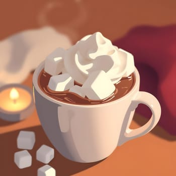 A cozy cup of hot chocolate topped with whipped cream and sugar cubes rests on a table. A soft candlelight glimmers nearby, suggesting a relaxed evening atmosphere.