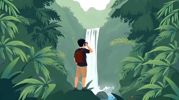 A young person stands among vibrant foliage, capturing the beauty of a cascading waterfall in a serene jungle. The lush greenery surrounds them, creating a picturesque moment.