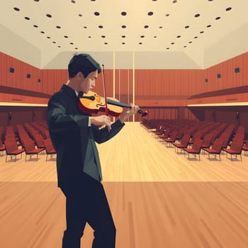A young musician plays the violin alone on stage, showcasing talent in a beautifully designed concert hall. Empty seats fill the background, adding to the anticipation of the performance.