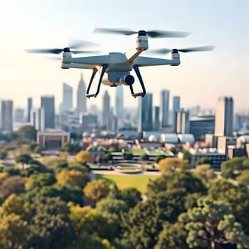 A drone hovers above a vibrant city, capturing a view of the modern skyline and a large green park. The sunlight illuminates the urban landscape, creating a striking contrast.