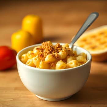 A bowl filled with creamy macaroni and cheese sits on a wooden table. Crumbled breadcrumbs are sprinkled on top, adding texture to the dish, while various ingredients are in the background.