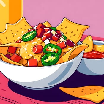 A vibrant bowl of nachos is topped with jalapenos, diced tomatoes, and creamy cheese. Small bowls of salsa and extra chips accompany this tempting snack at a casual event.