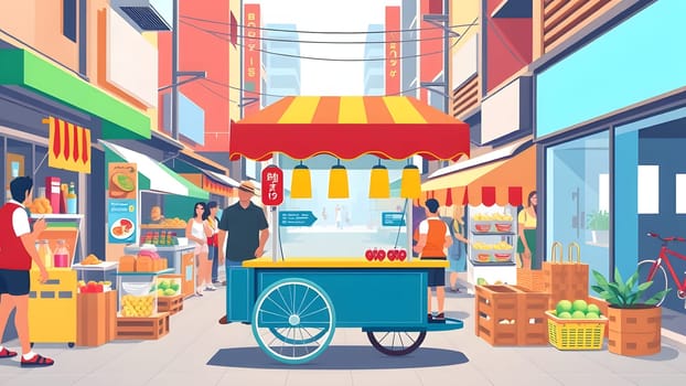 A lively street market filled with various food stalls and a vibrant cart offering snacks. Shoppers explore the colorful displays while enjoying the bustling atmosphere.