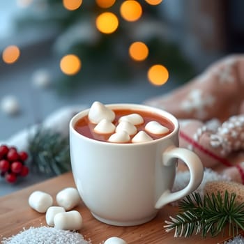 A warm cup of hot chocolate topped with marshmallows sits on a wooden surface surrounded by holiday decorations, evoking a cozy atmosphere on a chilly winter evening.