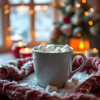 A warm mug filled with hot chocolate and marshmallows rests on a soft blanket. The background features twinkling lights and a beautifully decorated Christmas tree, creating a festive atmosphere.