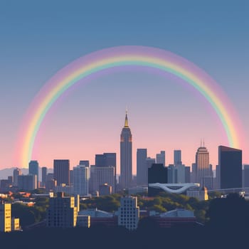 A stunning rainbow spans across the New York City skyline, vividly contrasting against the sunset sky. The Empire State Building stands prominently among the cityscape, creating a picturesque view.