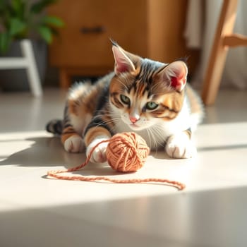 A calico cat is curiously playing with a yarn ball in a bright, sunlit room. The warm light highlights the cat's fur and creates a cozy atmosphere, emphasizing its playful demeanor.
