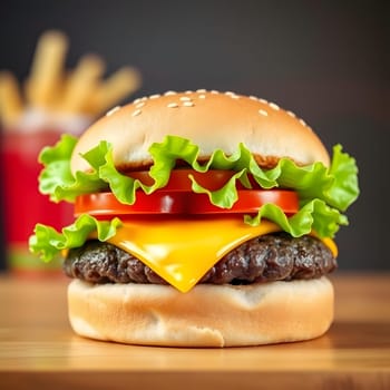 A mouthwatering cheeseburger sits on a wooden table, featuring fresh lettuce, ripe tomato, and melted cheese. In the background, crispy fries are visible, indicating a casual dining setting.