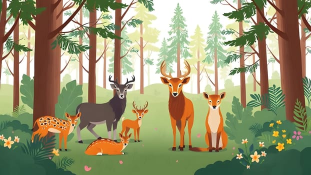 A variety of woodland animals are together in a vibrant forest, showcasing deer, a fox, and fawns among colorful flowers and greenery, reflecting a serene morning atmosphere.